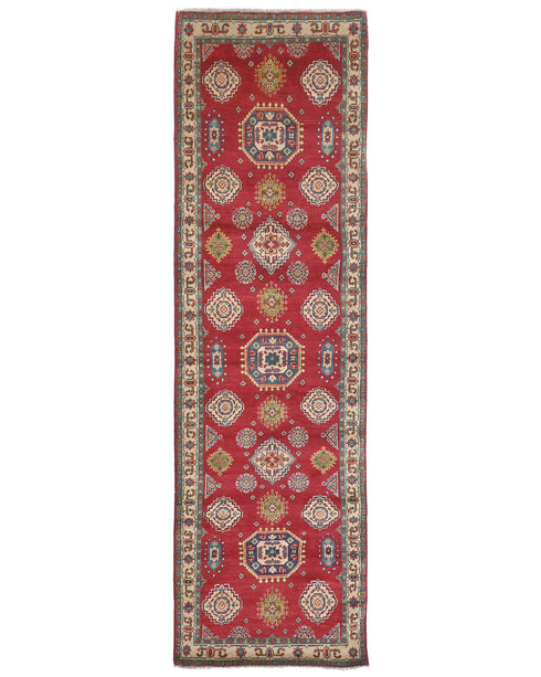 10 Ft Red Kuba Afghan Hand Knotted Wool Runner Rug